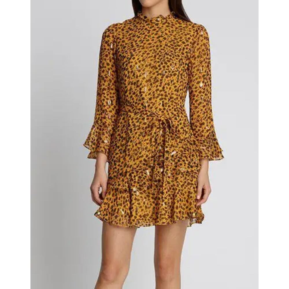 Saloni Marissa Ruffle Silk Long Sleeve Mini Dress Gold Camo Shimmer Leopard Sz 6